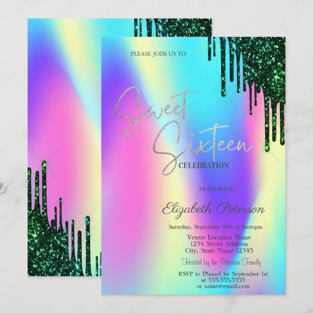 Invitation Parties scintillant verte gouttes holographique su (Devant / Derrière)