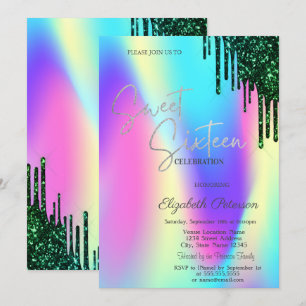 Invitation Parties scintillant verte gouttes holographique su