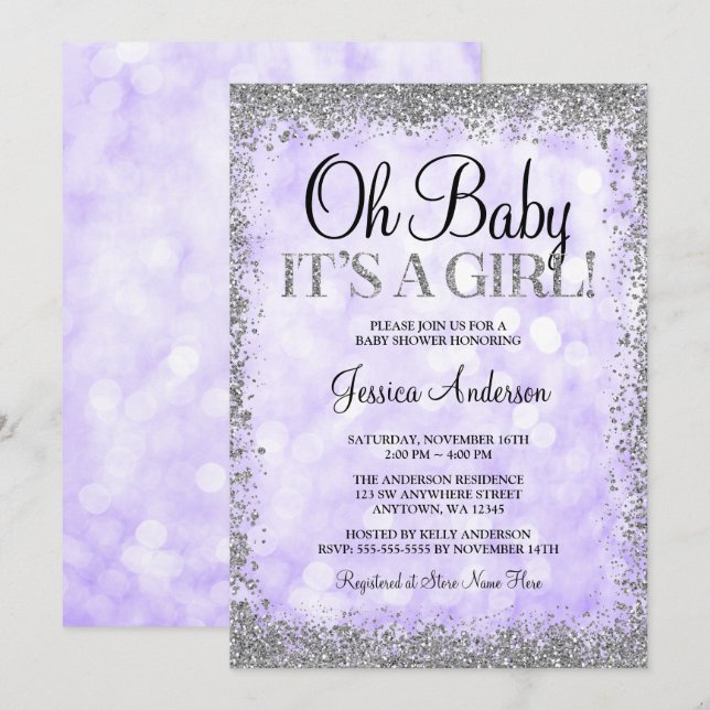 Invitation Parties scintillant violet Argent Faux Lumières Ba (Devant / Derrière)