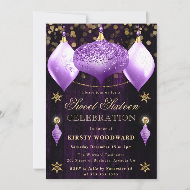 Invitation Parties scintillant violet Baubles Noël Sweet 16 (Devant)