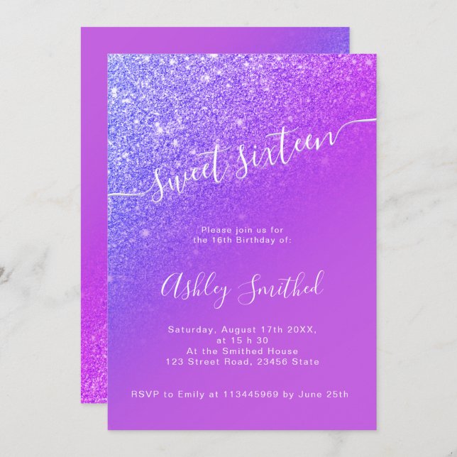 Invitation Parties scintillant violet clair ombre chic script (Devant / Derrière)