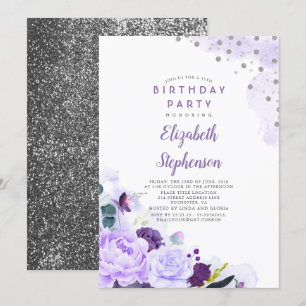 Invitation Parties scintillant violet et argent Fête d'annive