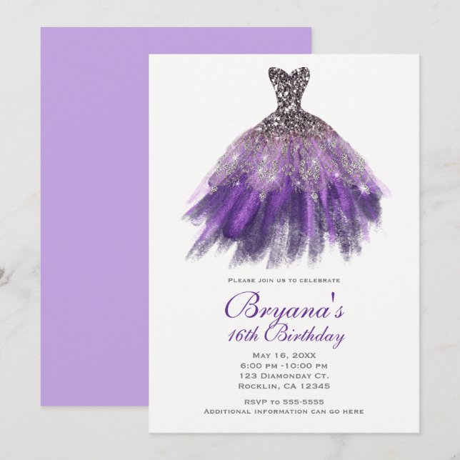 Invitation Parties scintillant violet et argent Glam Robe dou (Devant / Derrière)