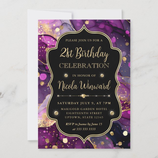 Invitation Parties scintillant violet et or Encre d'alcool 21 (Devant)