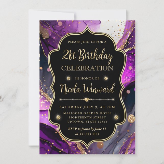 Invitation Parties scintillant violet et or Encre d'alcool 21 (Devant)