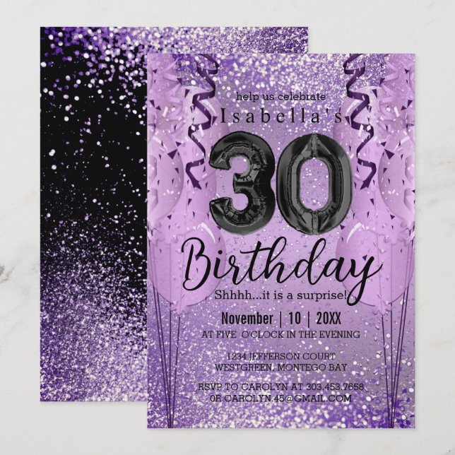Invitation Parties scintillant violet et rose 30e anniversair (Devant / Derrière)