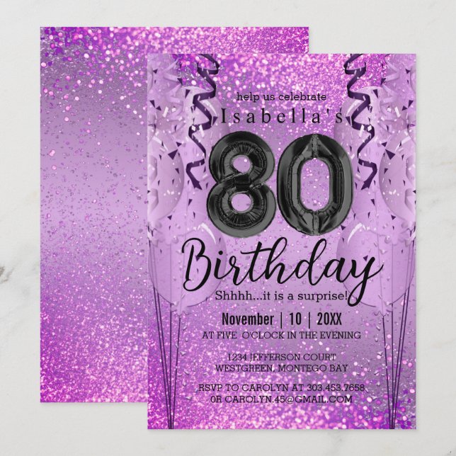 Invitation Parties scintillant violet et rose 80e anniversair (Devant / Derrière)