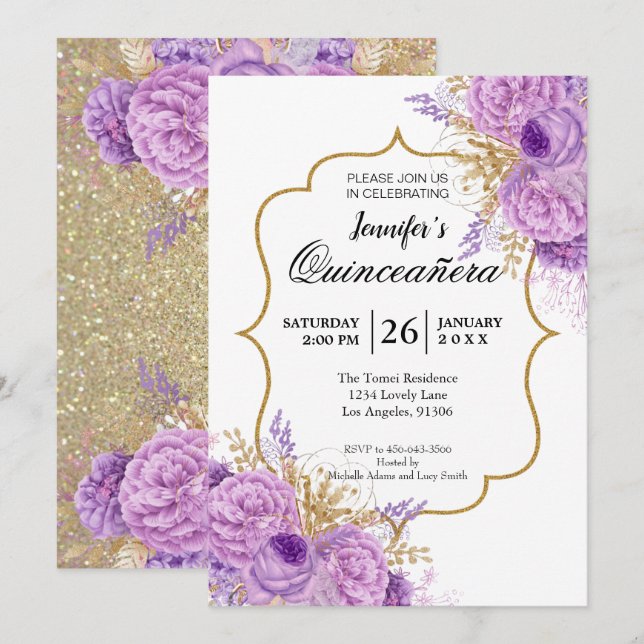 Invitation Parties scintillant Violet Floral Quinceanera Invi (Devant / Derrière)