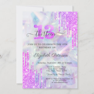 Invitation Parties scintillant violet gouttes Holographique 1