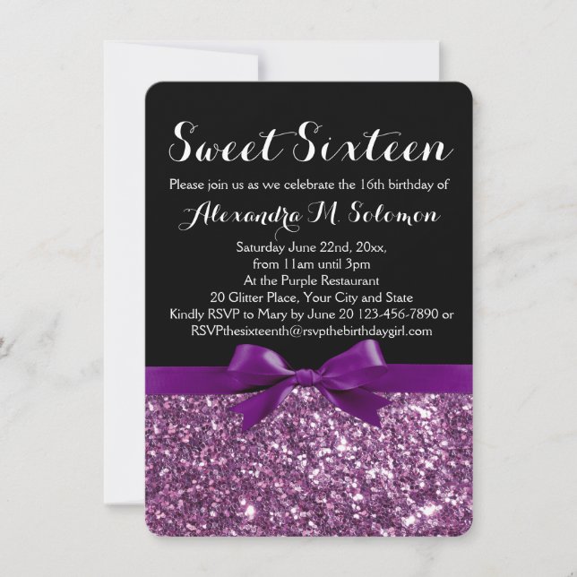 Invitation Parties scintillant violet Imprimer Bow Sweet 16 P (Devant)