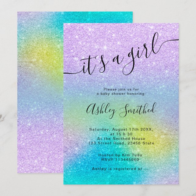 Invitation Parties scintillant violet licorne de baby shower  (Devant / Derrière)