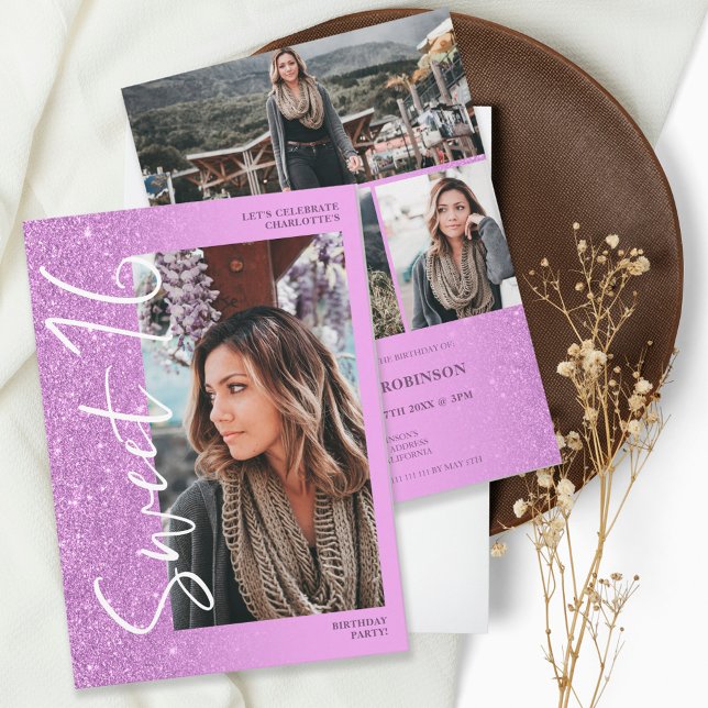 Invitation Parties scintillant violet ombre script 4 photos S (Créateur téléchargé)