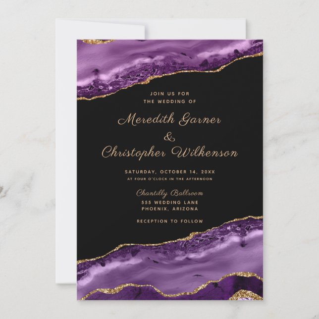Invitation Parties scintillant violet or  marbre Mariage Agat (Devant)