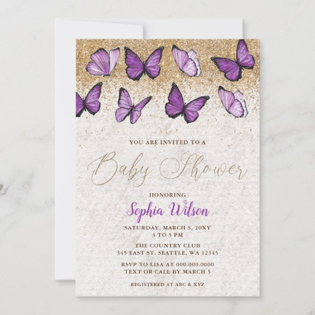Invitation Parties scintillant violet  papillon Baby shower (Devant)