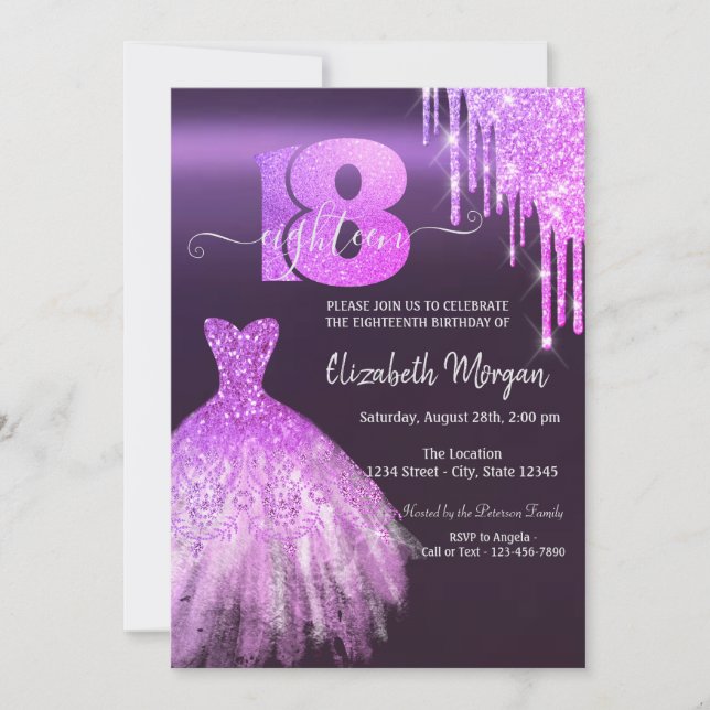 Invitation Parties scintillant violet  robe 18e fête d'annive (Devant)