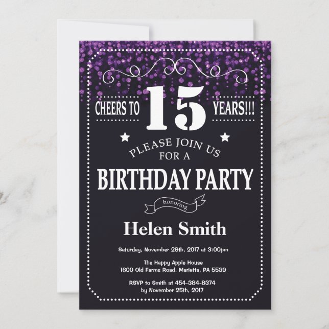 Invitation Parties scintillant violette 15e anniversaire Invi (Devant)