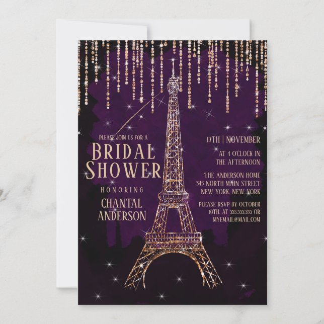 Invitation Parties scintillant violette Paris Tour Eiffel Fêt (Devant)