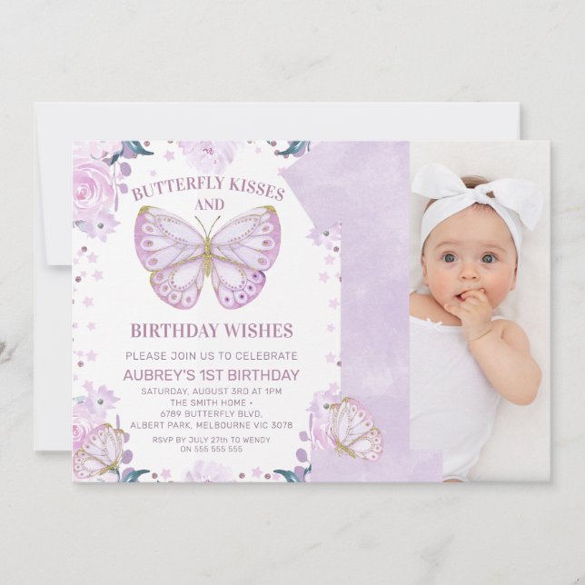 Invitation Parties scintillant violette Photo Papillon Baiser (Devant)