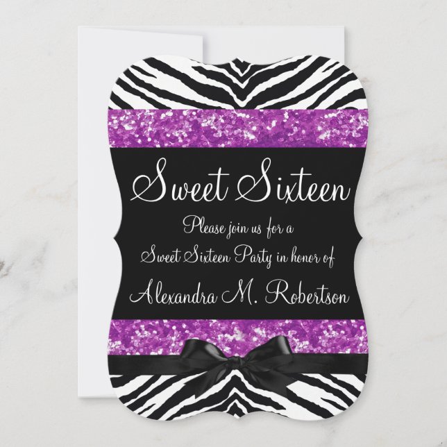 Invitation Parties scintillant violette Zebra Bow Sweet sixte (Devant)