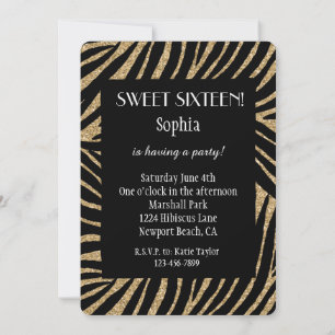 Invitation Parties scintillant Zebra Sweet sixteen noir or