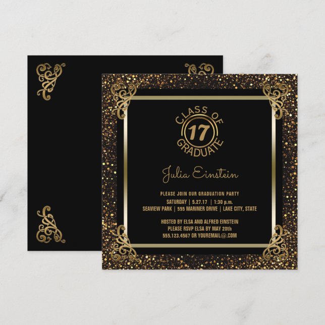 Invitation Parties scintillantes 2017 noires élégantes d'or (Devant / Derrière)