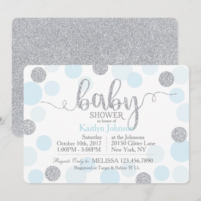 Invitation Parties scintillantes argentées et baby shower de (Devant / Derrière)