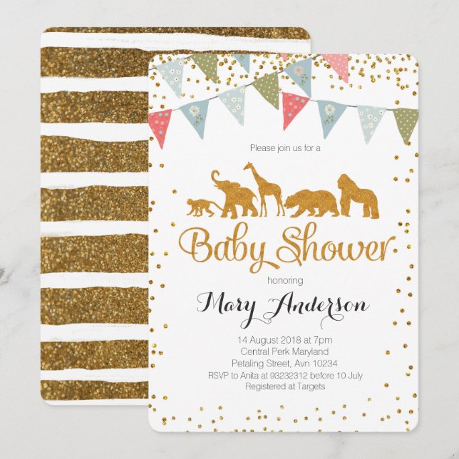 Invitation Parties scintillantes d'or d'invitation de baby (Devant / Derrière)