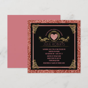 Invitation Parties scintillantes roses de coeur d'or de thé