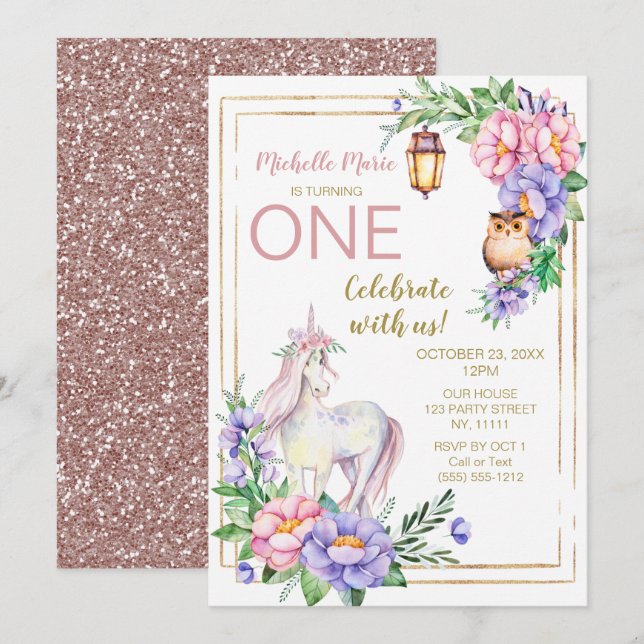 Invitation Parties scintillantes roses florales d'aquarelle (Devant / Derrière)