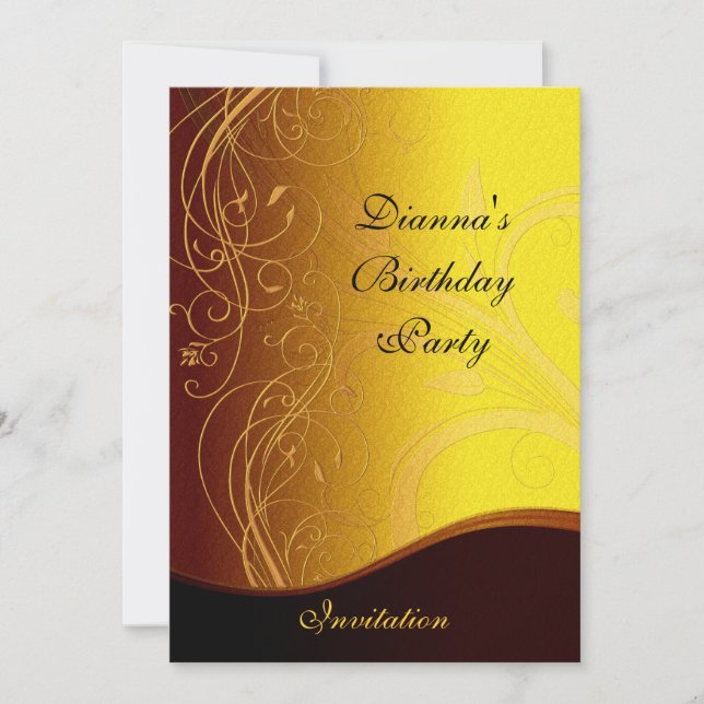 Invitation Party Elegant Jaune Or Noir Floral (Devant)
