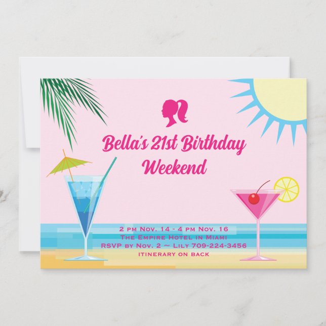 Invitation Party Pink Tropical Beach 21e Anniversaire Week-en (Devant)