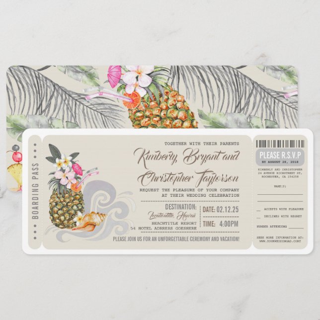 Invitation Passe d'embarquement | Ananas de plage | Billet Ma (Devant / Derrière)