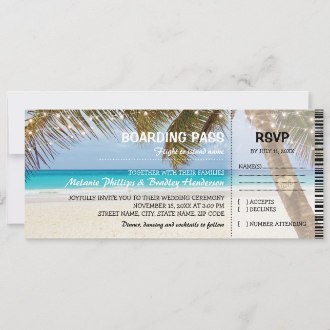 Invitation Passe d'embarquement Plage tropicale Mariage (Devant)