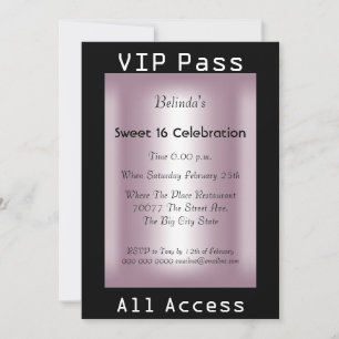 Invitation Passe VIP Fête d'anniversaire Sweet 16 Black Pink
