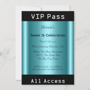 Invitation Passe VIP Fête d'anniversaire Sweet 16 Noir Turquo