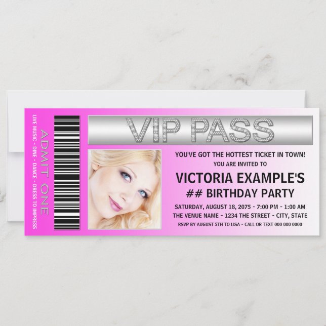 Invitation Passe VIP rose chaud Admission Billet Anniversaire (Devant)
