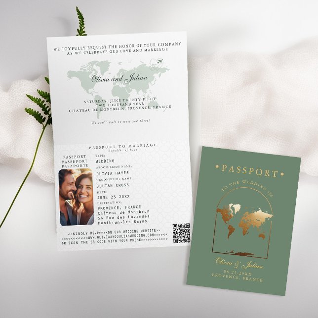 Invitation Passeport Boho Arche Vert Sauge Mariage de Destina (passport wedding invitation card destination getaway sage green faux gold map boho arch monograms)