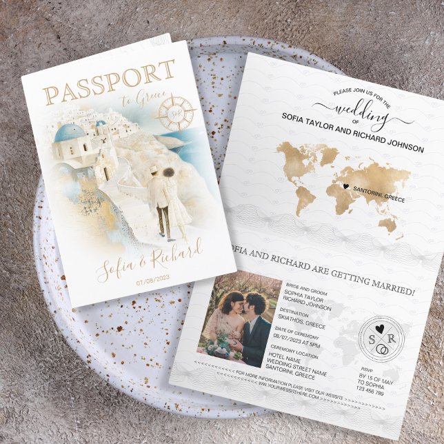 Invitation Passeport de destination mariage Santorini Grèce (Créateur téléchargé)