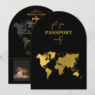 Invitation Passeport de mariage de destination Monde Noir Or