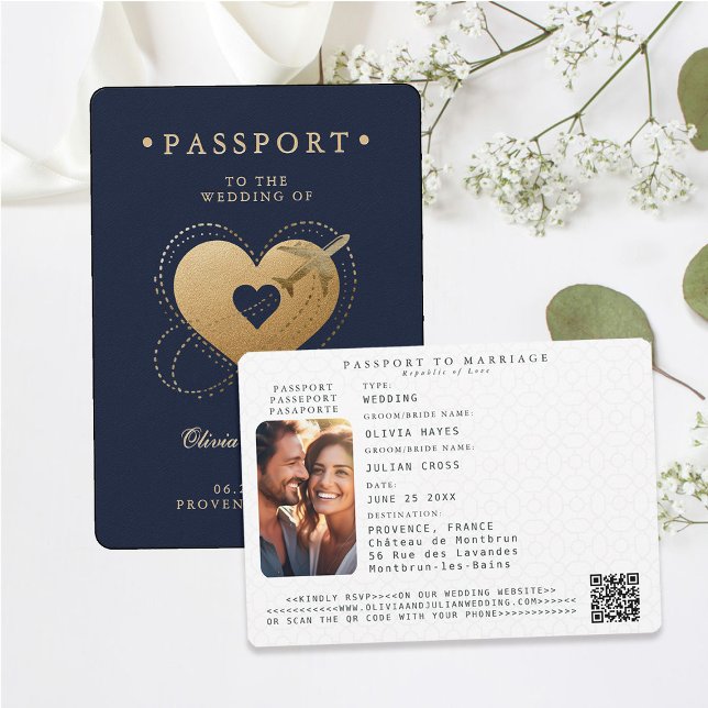 Invitation Passeport Gold Heart Plane Marine Destination Mari (passport wedding invitation card destination getaway navy blue faux gold hearts airplane)