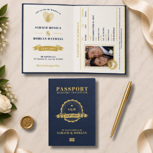 Invitation Passeport Mariage de Destination Monogramme Bleu N