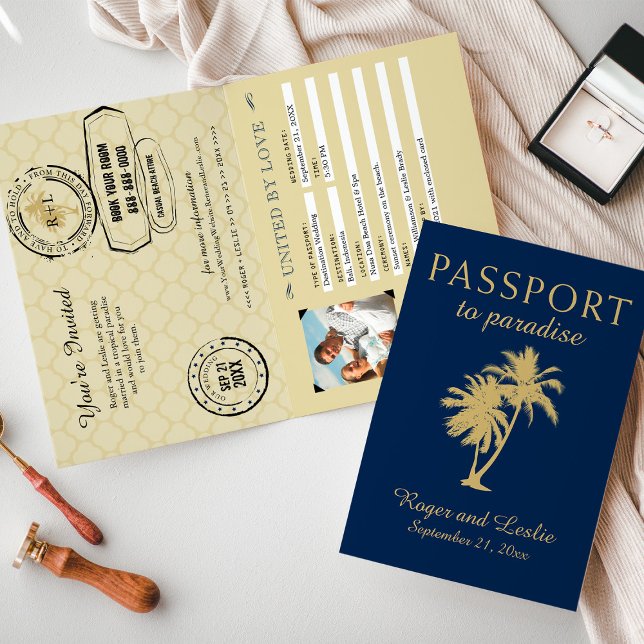 Invitation Passeport Mariage or bleu double Palm Tree (Créateur téléchargé)