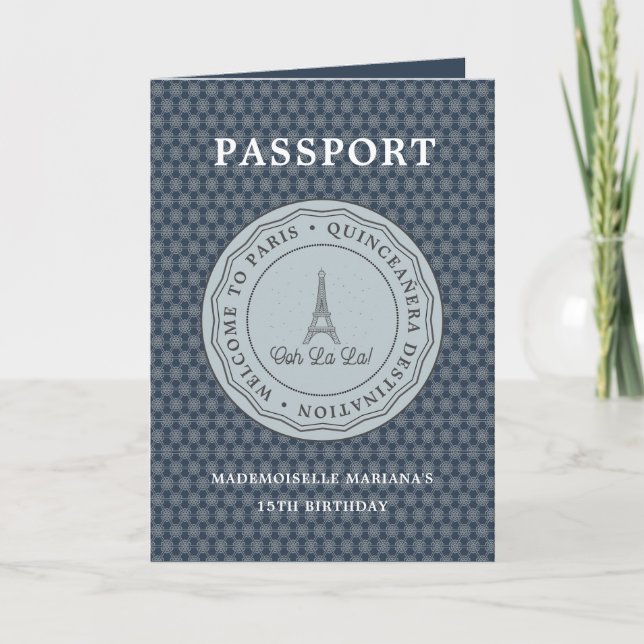 Invitation Passeport Paris Bleu cool Avec Photo Quinceañera (Devant)