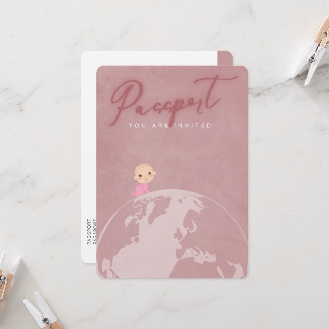 Invitation Passeport voyage rose vif fille baby shower (Devant/Arrière en situation)