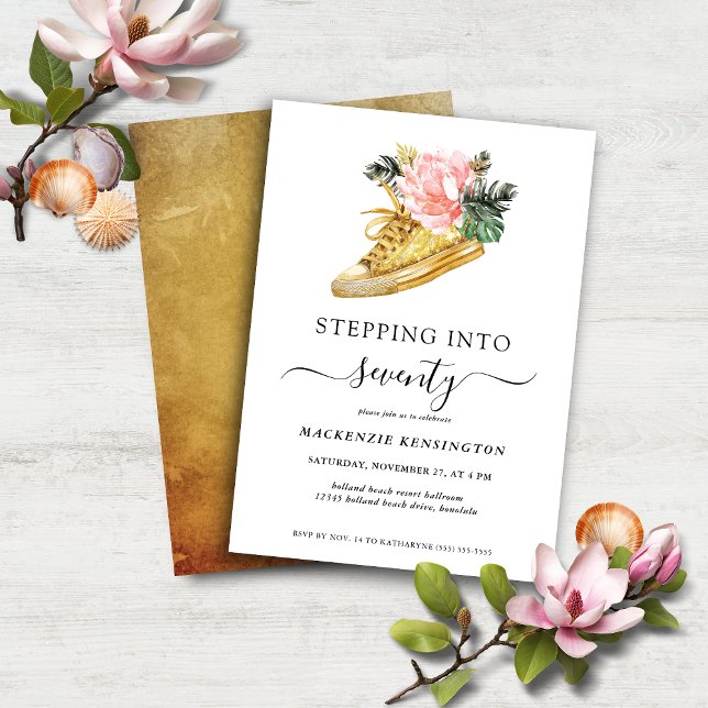 Invitation Passez à 70 Floral Gold Shoe Anniversaire (Stepping Into 70 Floral Gold Shoe Birthday Invitation)