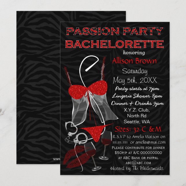 Invitation Passion Party Bachelorette, Lingerie Douche Invita (Devant / Derrière)
