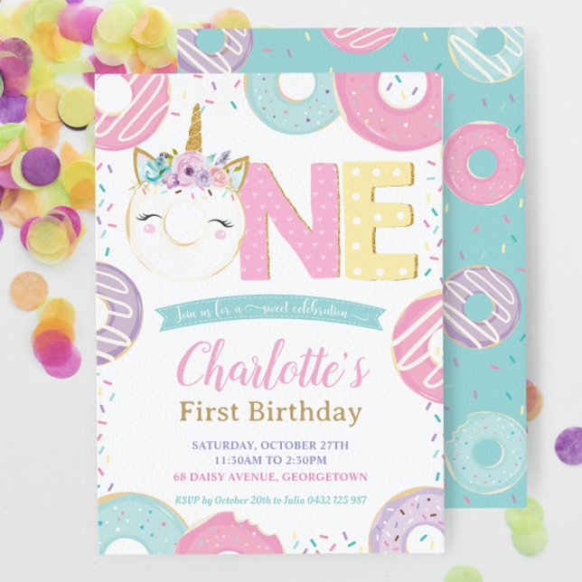 Invitation Pastel 1er anniversaire mignon Unicorn Donuts Doug (Créateur téléchargé)