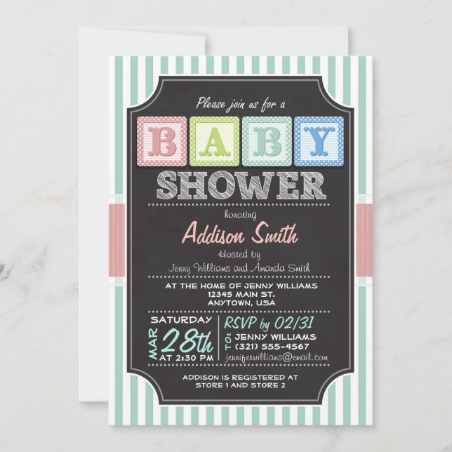 Invitation Pastel Alphabet Blocks Chalkboard look Baby shower (Devant)