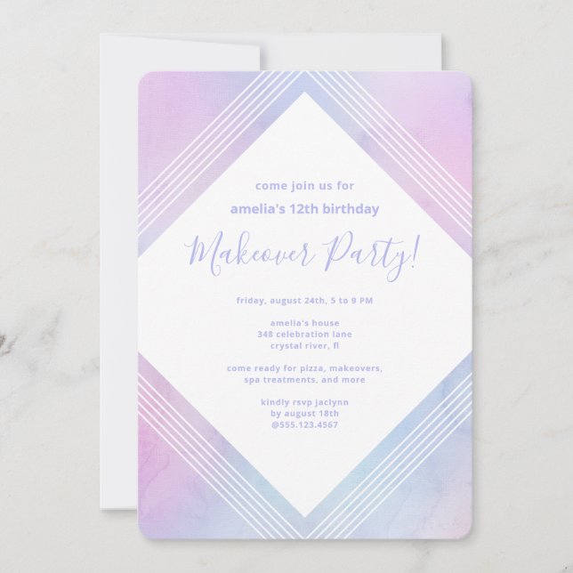 Invitation Pastel Aquarelle Anniversaire Reprise Party violet (Devant)