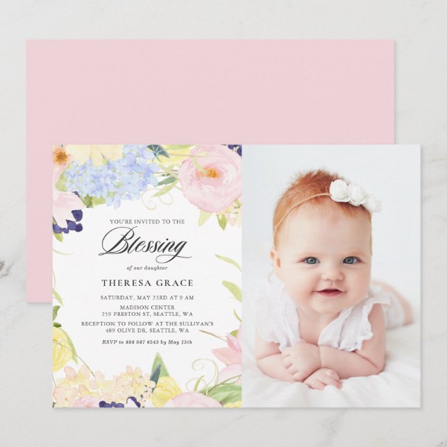 Invitation Pastel Aquarelle Cadre Floral Photo Bénédiction (Devant / Derrière)